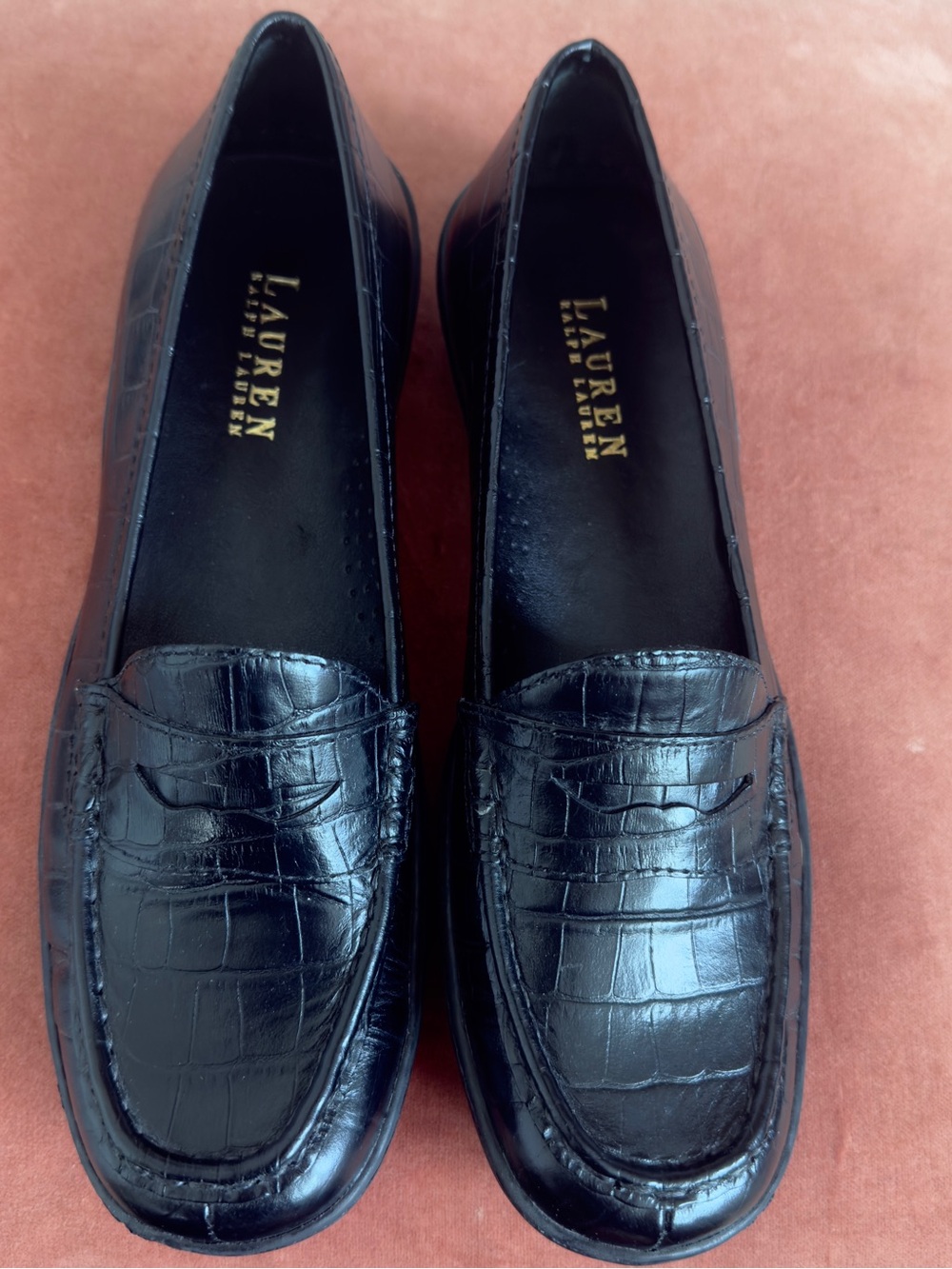 Lauren Ralph Lauren Black Croc-Embossed Penny Loafers